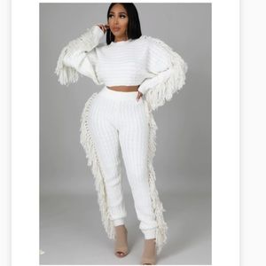 NWOT White Fringe Cable Knit Sweater Set
